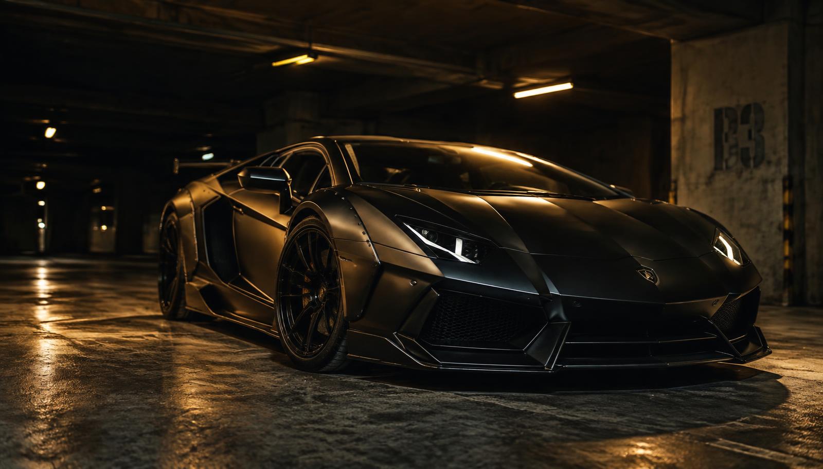 Matte black supercar in a dark garage